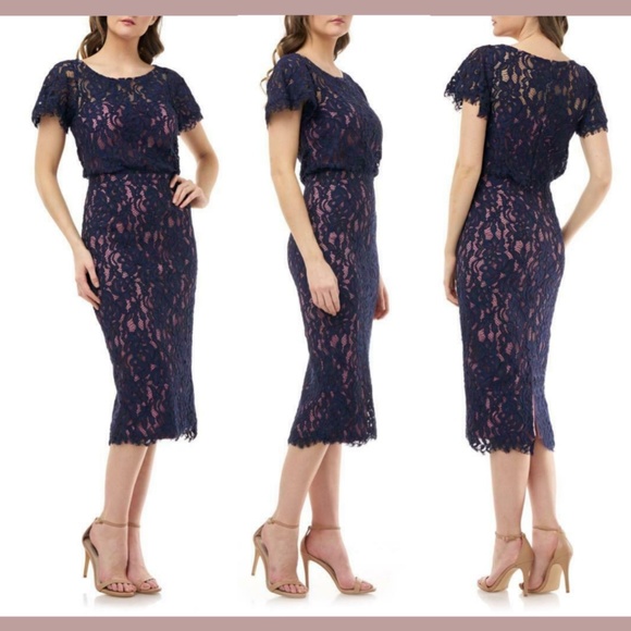 NWT JS Collections [ 8 ] Embroidered Lace Blouson Dress in‎ Navy Rose - Picture 1 of 12
